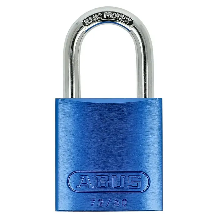 Abus Vorhängeschloss 72/40 - L x B x H: 19 x 40 x 74 mm, Bügelstärke: 6,5 mm, Material Bügel: Spezialstahl - Ein blaues ABUS 72/40 Vorhängeschloss mit "Nano Protect" Bügel bietet soliden Schutz für verschiedene Anwendungen.
