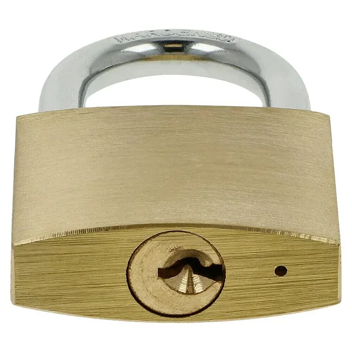 Stabilit Vorhängeschloss-Set - 2 Stk., Breite: 40 mm, Stahl - Nahaufnahme eines Vorhängeschlosses aus Messing mit silbernem Bügel, das Sicherheit und Schutz bietet.