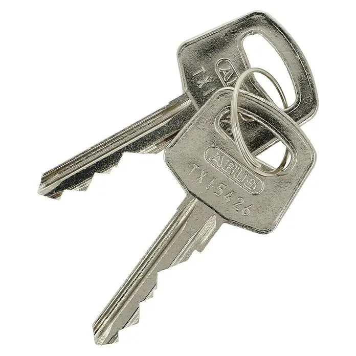 Abus Vorhängeschloss 72/40 - L x B x H: 19 x 40 x 74 mm, Bügelstärke: 6,5 mm, Material Bügel: Spezialstahl - Nahaufnahme von zwei ABUS-Schlüsseln mit den Aufschriften "ABUS" und "TX15426", die an einem Schlüsselring befestigt sind.