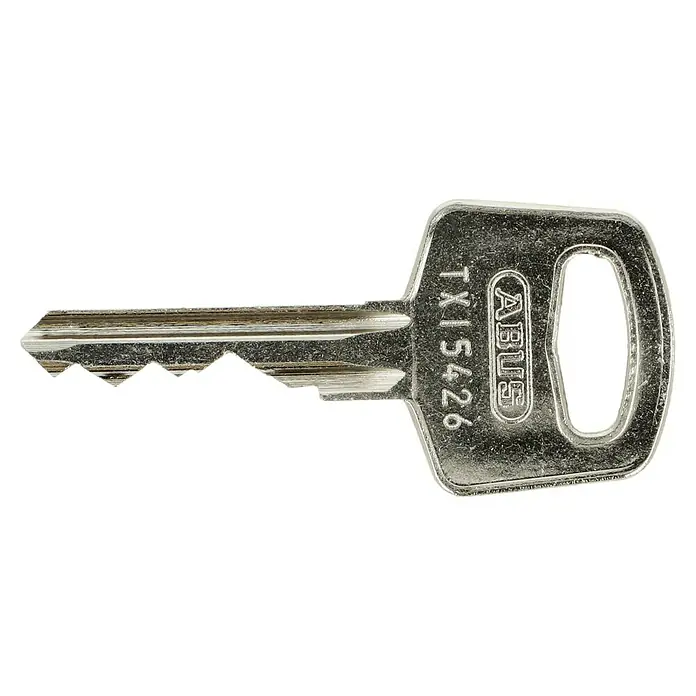 Abus Vorhängeschloss 72/40 - L x B x H: 19 x 40 x 74 mm, Bügelstärke: 6,5 mm, Material Bügel: Spezialstahl - Nahaufnahme eines ABUS-Schlüssels, der die Marke und die einzigartige Zackenform des Schlüssels hervorhebt, wichtig für Sicherheit.