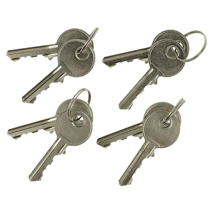 Stabilit Vorhängeschloss-Set - 4 Stk., Breite: 40 mm, Stahl - Ein Bild von vier Schlüsselanhängern mit jeweils zwei Schlüsseln. Die Schlüssel sind aus Metall und haben einen silbernen Farbton.