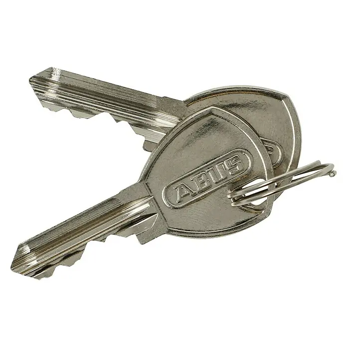 Abus Vorhängeschloss Marine 70/45 - 49 x 68 mm, Bügelstärke: 8 mm, Material Bügel: Gehärteter Spezialstahl - Nahaufnahme von zwei ABUS Schlüsseln an einem Schlüsselring, die Sicherheit und Zuverlässigkeit versprechen.