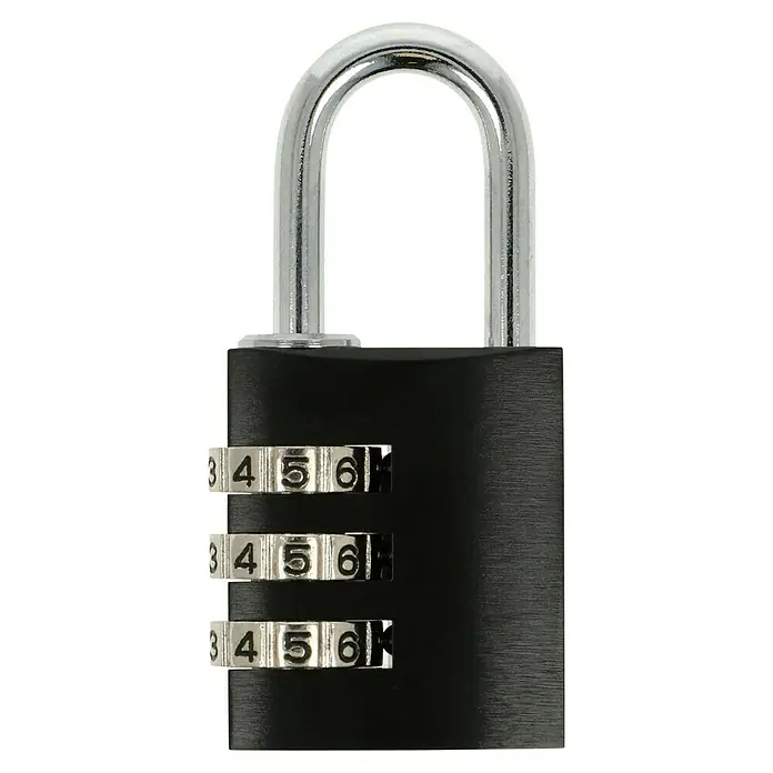Stabilit Vorhängezahlenschloss ZA-30 S - Breite: 30 mm, Aluminium, Schwarz - Nahaufnahme eines schwarzen Zahlenschlosses mit drei Wählrädern und einem silbernen Bügel. Das Schloss zeigt die Zahlenkombination 456.