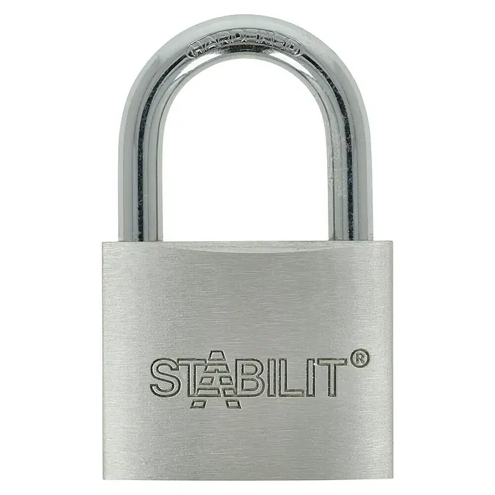 Stabilit Vorhängeschloss A50 - Breite: 50 mm, Bügelstärke: 8 mm - Ein silbernes Vorhängeschloss der Marke STABILIT mit gehärtetem Bügel für erhöhte Sicherheit und Schutz.