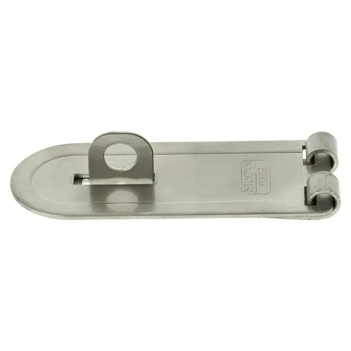 Burg-Wächter Panzer-Überfalle PCC NI - 80 x 32 mm, Durchmesser Öse: 8 mm, Edelstahl - Ein silberner Türriegel von Burg Wächter, der robust und sicher ist, ideal zur Sicherung von Türen und Toren im Innen- und Außenbereich.