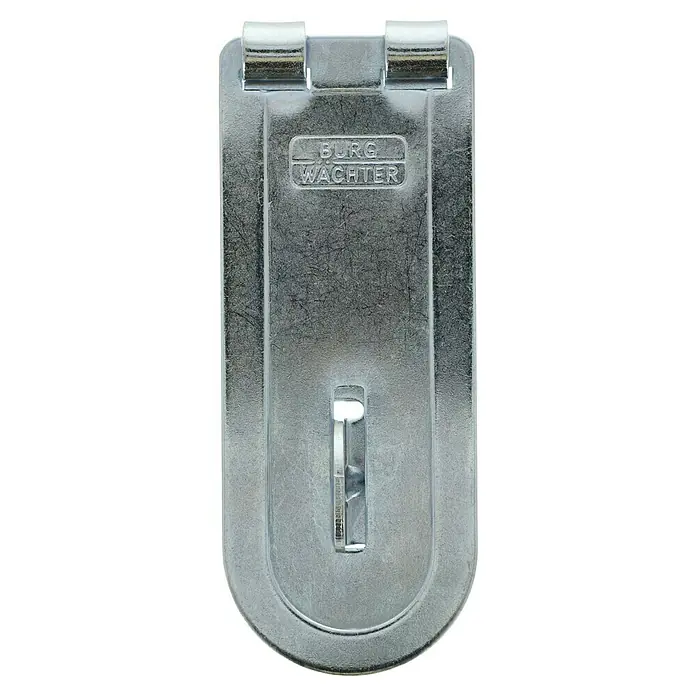 Burg-Wächter Panzer-Überfalle PCC - L x B: 120 x 48 mm, Durchmesser Öse: 11 mm - Nahaufnahme einer Burg Wächter Vorhangschloss-Befestigung aus Metall, ideal zur sicheren Anbringung von Schlössern und Schutz vor unbefugtem Zugriff.