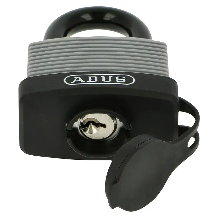 Abus Überfalle mit Vorhangschloss 100/100 Überfalle + 70AL/45 - Bügelinnenhöhe: 25 mm - Nahaufnahme eines ABUS-Vorhängeschlosses mit schwarzem Gehäuse und grauem Bügel, das Sicherheit und Schutz bietet.