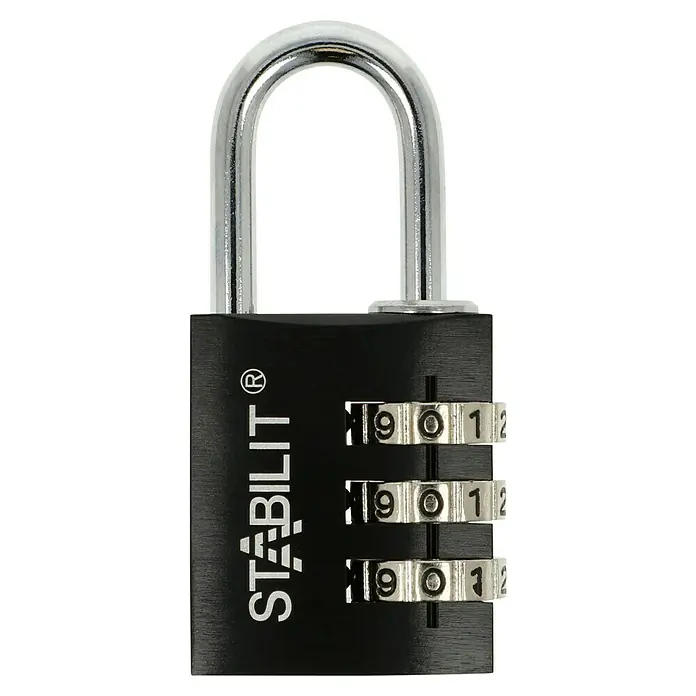 Stabilit Vorhängezahlenschloss ZA-30 S - Breite: 30 mm, Aluminium, Schwarz - Nahaufnahme eines STABILIT-Zahlenschlosses mit drei Rädern und einem silbernen Bügel. Das Schloss ist schwarz und zeigt die Zahlenkombination 0-0-0.