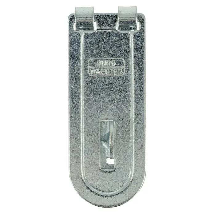 Burg-Wächter Panzer-Überfalle PCC - L x B: 60 x 24 mm, Durchmesser Öse: 6 mm - Eine Nahaufnahme einer Burg Wächter Wandhalterung, ein stabiles, verzinktes Bauelement zur sicheren Befestigung von Gegenständen.