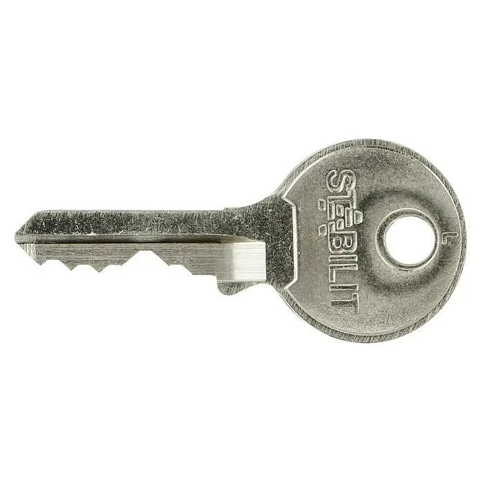 Stabilit Vorhängeschloss A50 - Breite: 50 mm, Bügelstärke: 8 mm - Nahaufnahme eines silbernen Stabilit-Schlüssels mit gezacktem Profil und rundem Griff mit Loch.