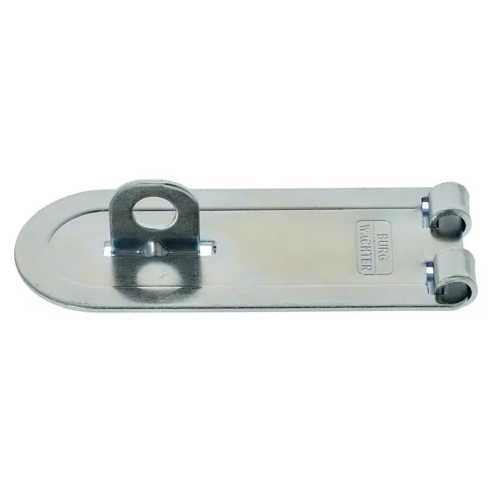 Burg-Wächter Panzer-Überfalle PCC - L x B: 120 x 48 mm, Durchmesser Öse: 11 mm - Das Bild zeigt einen glänzenden, silberfarbenen Burg Wächter Überwurf mit stabilen Befestigungsösen, ideal für die sichere Verriegelung von Türen und Toren.