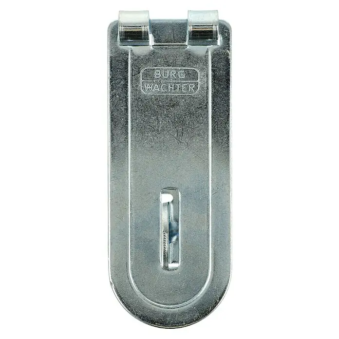 Burg-Wächter Panzer-Überfalle PCC - L x B: 100 x 40 mm, Durchmesser Öse: 10 mm - Nahaufnahme eines Burg Wächter Überfalle, ein robustes Sicherheitsprodukt aus Metall, ideal für die Sicherung von Türen und Toren.