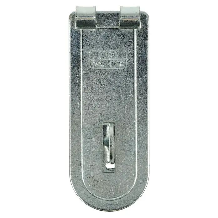 Burg-Wächter Panzer-Überfalle PCC - L x B: 80 x 32 mm, Durchmesser Öse: 8 mm - Das Bild zeigt eine silberne Burg Wächter Schließfalle, ein robustes Sicherheitsprodukt für den zuverlässigen Verschluss von Türen und Toren.
