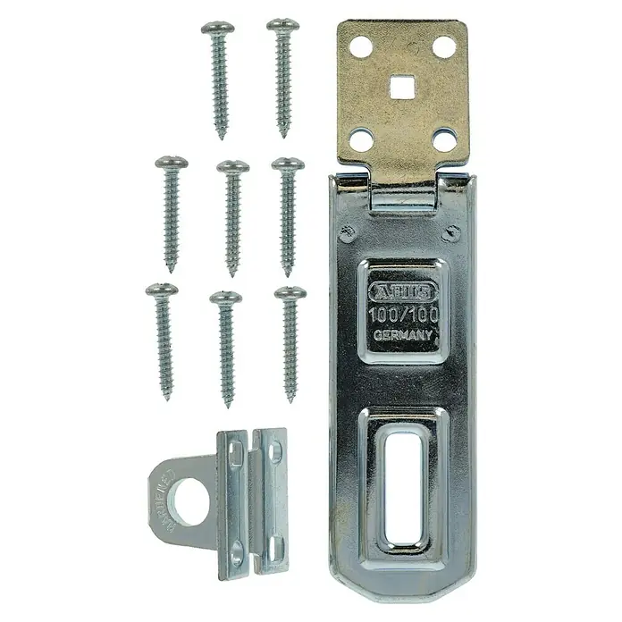 Abus Überfalle mit Vorhangschloss 100/100 Überfalle + 70AL/45 - Bügelinnenhöhe: 25 mm - Ein ABUS 100/100 Türriegel-Set mit Schrauben und Befestigungselementen, ideal zur Sicherung von Türen und Toren.