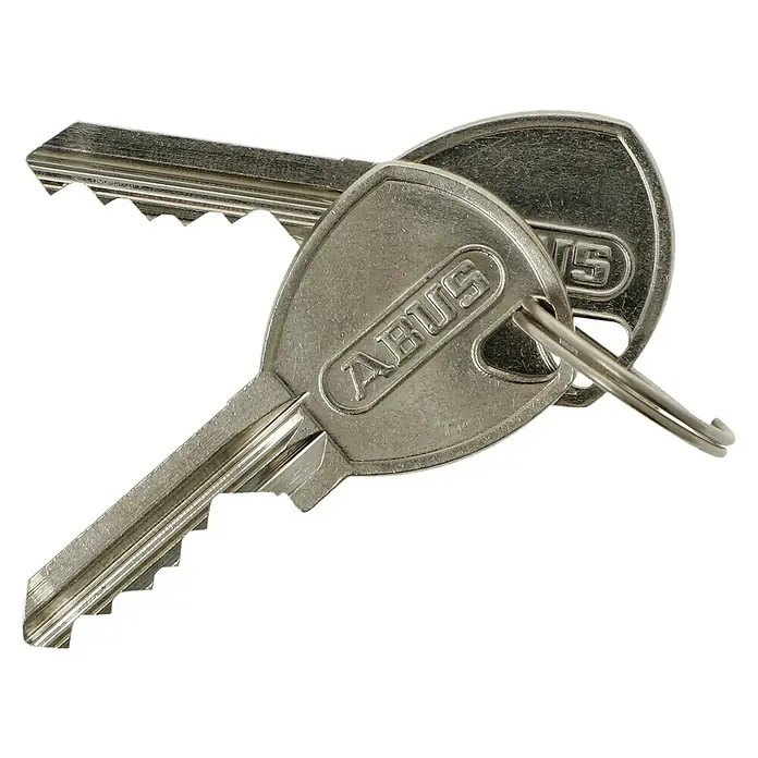 Abus Vorhängeschloss T65 AL 40 Color - 40 x 65 mm, Bügelstärke: 6,5 mm, Aluminium - Zwei ABUS-Schlüssel an einem Schlüsselring, dargestellt auf einem dunklen Hintergrund. Die Schlüssel sind silberfarben und weisen die Marke ABUS auf.