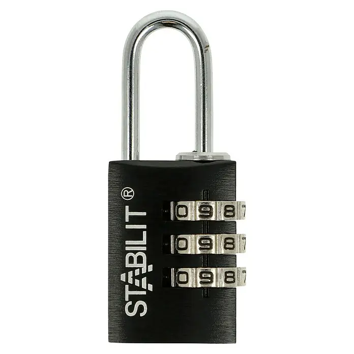 Stabilit Vorhängezahlenschloss ZA-20 S - Breite: 21 mm, Aluminium, Schwarz - Nahaufnahme eines STABILIT Zahlenschlosses mit dreistelliger Zahlenkombination und silberfarbenem Bügel.