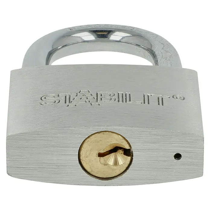 Stabilit Vorhängeschloss A50 - Breite: 50 mm, Bügelstärke: 8 mm - Nahaufnahme eines silbernen Stabilit® Vorhängeschlosses mit goldenem Schlüsselloch.