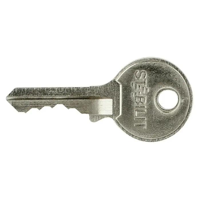Stabilit Vorhängeschloss A40-63 - 40 x 102 mm, 1 Stk., Aluminium - Nahaufnahme eines silbernen Stabilit-Schlüssels mit Zacken und Loch für den Schlüsselbund.
