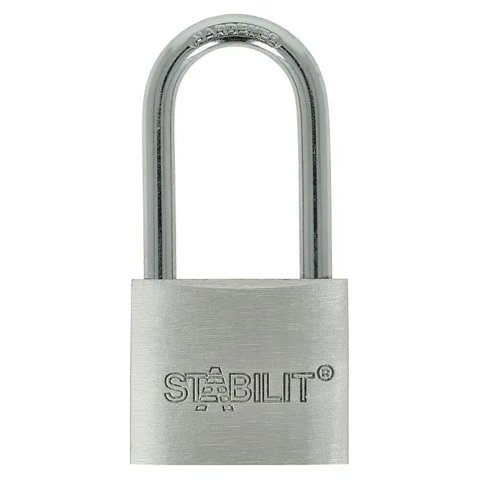 Stabilit Vorhängeschloss A40-42 - 40 x 81 mm, 1 Stk., Aluminium - Abbildung eines silberfarbenen Vorhängeschlosses der Marke Stabilit mit gehärtetem Bügel und eingraviertem Logo auf dem Schlosskörper.