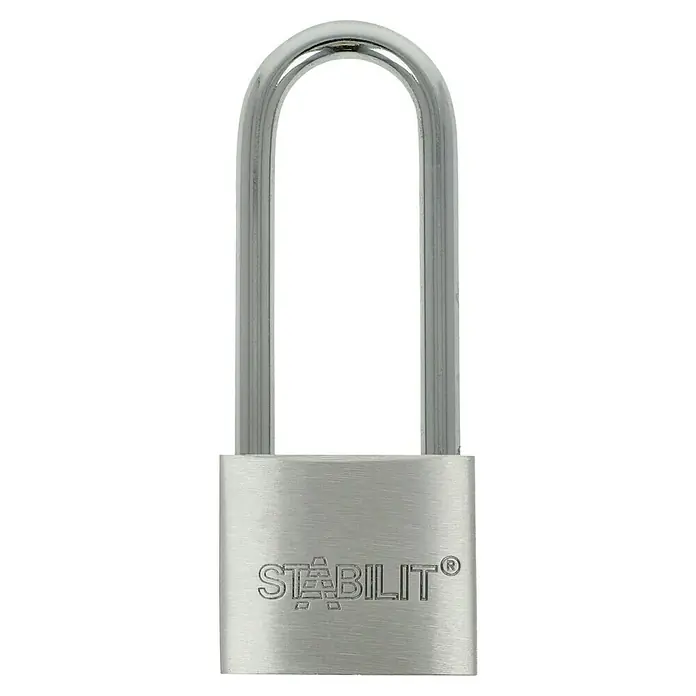 Stabilit Vorhängeschloss-Set A40-Mix Gleichschließend - 3 Stk., Aluminium - Silbernes Vorhängeschloss von Stabilit mit langem Bügel und eingraviertem Firmenlogo für Sicherheit.