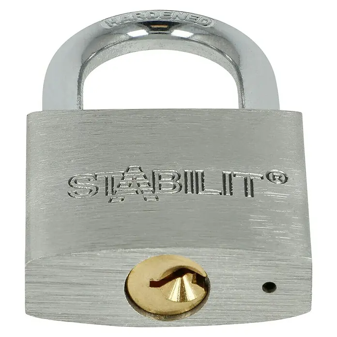 Stabilit Vorhängeschloss-Set A40-2 Gleichschließend - 2 Stk., Breite: 40 mm - Das Bild zeigt ein silberfarbenes "Stabilit"-Vorhängeschloss mit goldenem Schlüsselloch vor schwarzem Hintergrund.