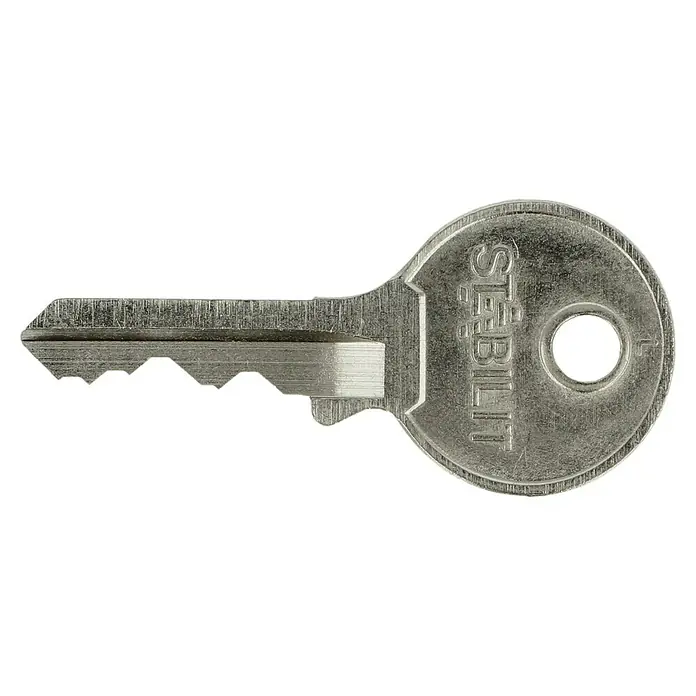 Stabilit Vorhängeschloss A40-42 - 40 x 81 mm, 1 Stk., Aluminium - Nahaufnahme eines silbernen Stabilits-Schlüssels auf schwarzem Hintergrund, der Details und das Markenlogo hervorhebt.