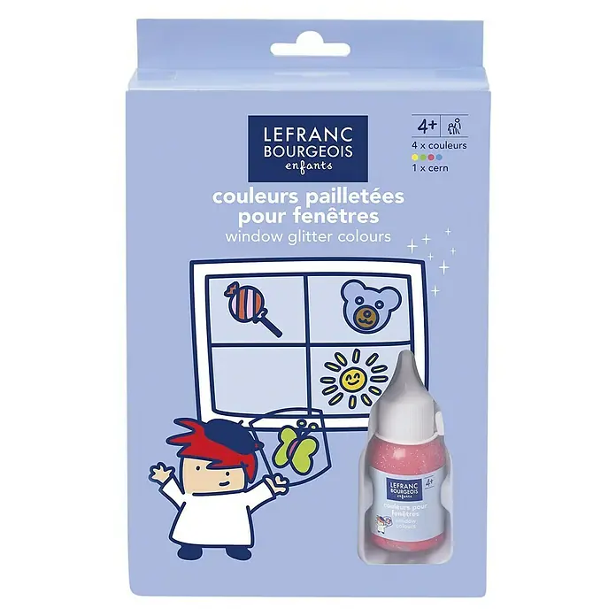 Lefranc & Bourgeois Fenstermalfarben-Set Glitter - 5 -tlg. - LEFRANC BOURGEOIS Fensterfarben-Set für Kinder ab 4 Jahren mit Glitzer-Effekt. Enthält 4 Farben plus eine Konturfarbe.