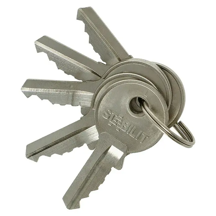Stabilit Vorhängeschloss-Set M30-2 Gleichschließend - Breite: 30 mm, 2 Stk. - Ein Schlüsselbund der Marke Stabilit, bestehend aus mehreren Schlüsseln an einem Schlüsselring. Die Schlüssel sind silbern und haben Zacken.