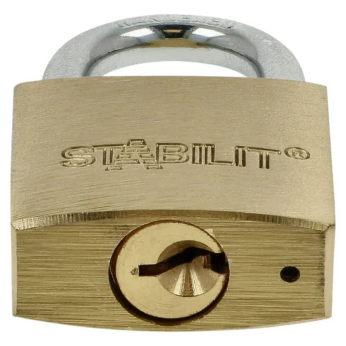 Stabilit Vorhängeschloss-Set M30-2 Gleichschließend - Breite: 30 mm, 2 Stk. - Nahaufnahme eines Messing-Vorhängeschlosses mit sichtbarem Schlüsselzylinder und Bügel. Ideal für Sicherheit.