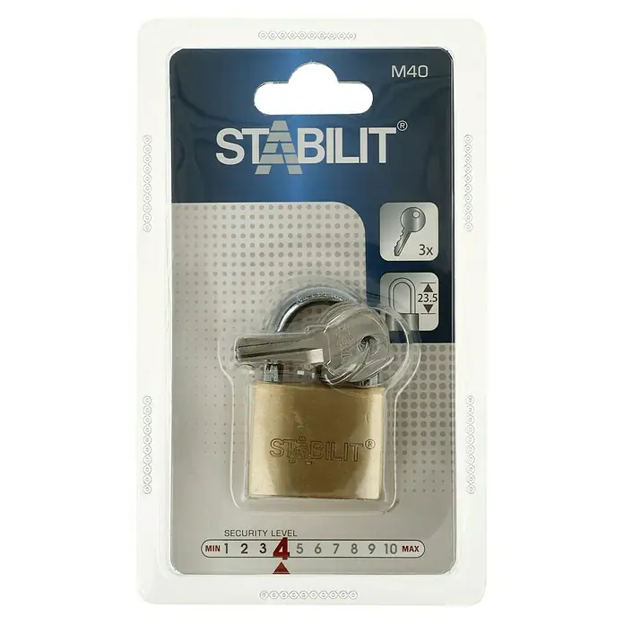 Stabilit Vorhängeschloss M40 - Breite: 40 mm, Bügelstärke: 6,3 mm - Ein Messingschloss der Marke Stabilit M40 mit drei Schlüsseln und einer Sicherheitsstufe von 4.
