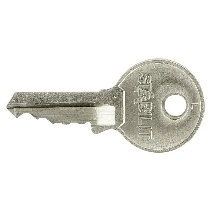 Stabilit Vorhängeschloss-Set M30-2 Gleichschließend - Breite: 30 mm, 2 Stk. - Ein silberner Stabilit-Schlüssel, dessen Bart die Zacken zeigt und der am Griff die Marke trägt, um Sicherheit zu gewährleisten.