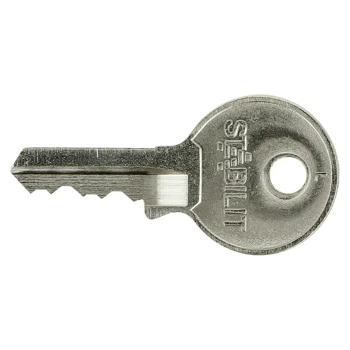 Stabilit Vorhängeschloss M30 - Breite: 30 mm, Bügelstärke: 4,8 mm - Nahaufnahme eines silbernen Stabilit-Schlüssels mit gezacktem Profil und rundem Griff.