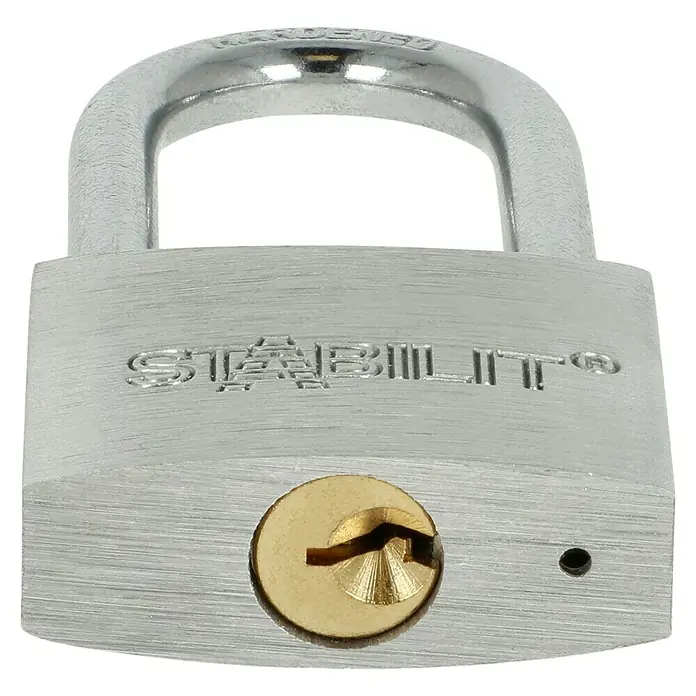Stabilit Vorhängeschloss A40-42 - 40 x 81 mm, 1 Stk., Aluminium - Nahaufnahme eines silbernen Stabilit-Vorhängeschlosses mit goldenem Schlüsselloch, das Sicherheit und Schutz bietet.