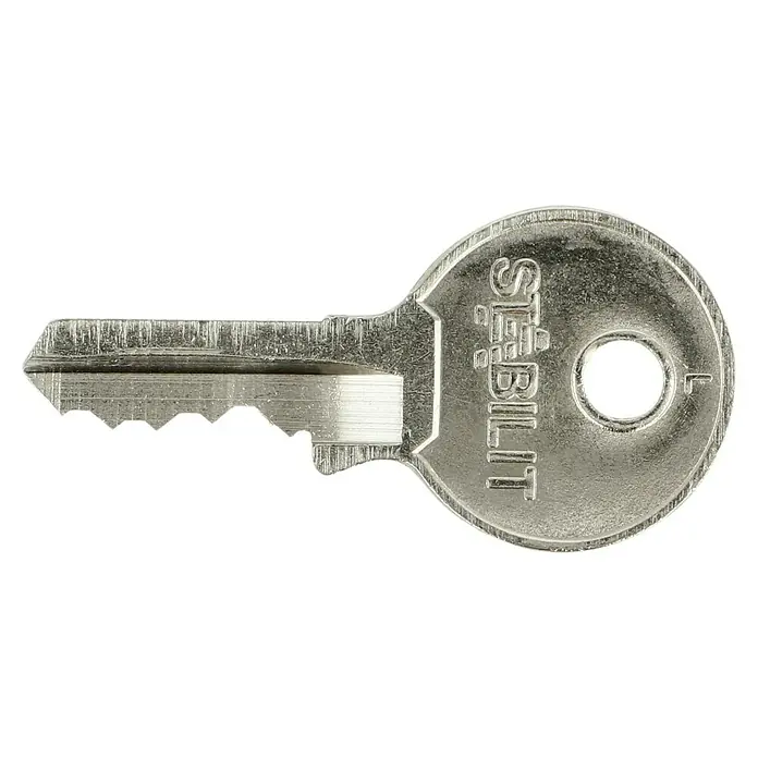 Stabilit Vorhängeschloss A30 - Breite: 30 mm, Bügelstärke: 4,8 mm - Nahaufnahme eines silbernen Stabilit-Schlüssels mit Einschnitten und Loch. Ideal für Sicherheitsschlösser.