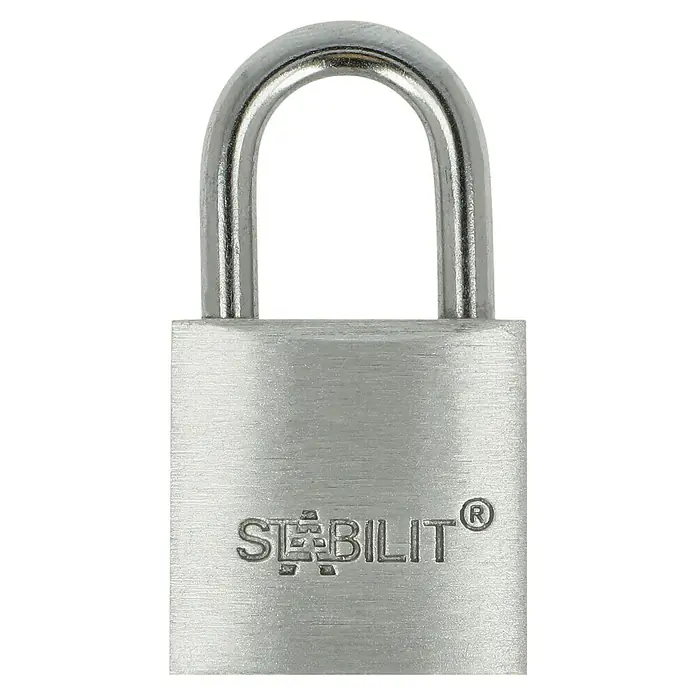 Stabilit Vorhängeschloss A20 - Breite: 21 mm, Bügelstärke: 3,5 mm - Das Bild zeigt ein silbernes Vorhängeschloss der Marke Stabilit mit einem gebogenen Bügel und der Aufschrift Stabilit.