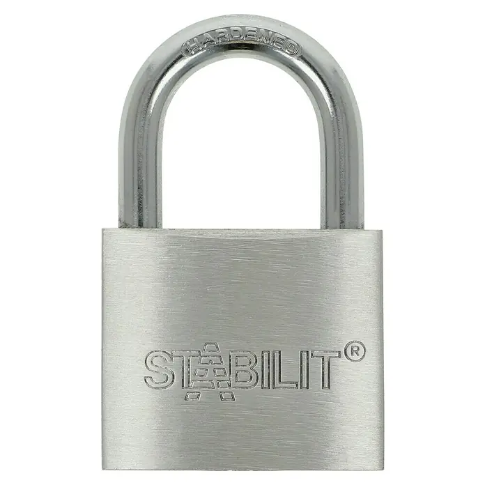 Stabilit Vorhängeschloss-Set A40-Mix Gleichschließend - 3 Stk., Aluminium - Abbildung eines silberfarbenen Vorhängeschlosses der Marke Stabilit mit gehärtetem Bügel für erhöhte Sicherheit.