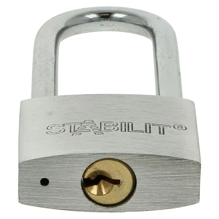 Stabilit Vorhängeschloss-Set A40-Mix Gleichschließend - 3 Stk., Aluminium - Nahaufnahme eines silbernen Stabilit-Vorhängeschlosses mit goldenem Schlüsselloch.