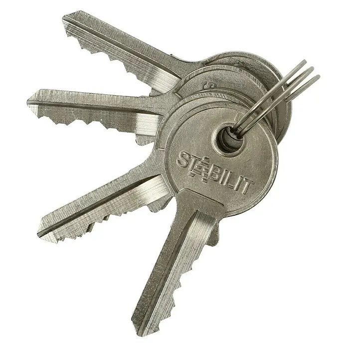 Stabilit Vorhängeschloss-Set M40-2 Gleichschließend - Breite: 40 mm, 2 Stk. - Ein Schlüsselbund der Marke Stabilit, bestehend aus mehreren Schlüsseln, hängt an einem Schlüsselring.