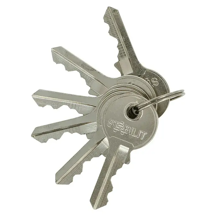Stabilit Vorhängeschloss-Set A40-Mix Gleichschließend - 3 Stk., Aluminium - Mehrere Stabilit-Schlüssel an einem Schlüsselring, silberfarben und glänzend. Ideal zur Sicherung verschiedener Objekte.