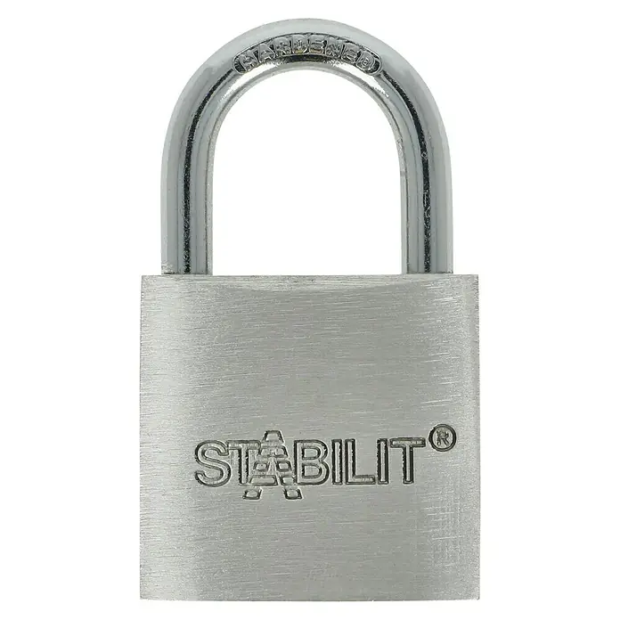 Stabilit Vorhängeschloss A30 - Breite: 30 mm, Bügelstärke: 4,8 mm - Das Bild zeigt ein silbernes Vorhängeschloss der Marke Stabilit, das robust und sicher wirkt. Ideal zum Schutz von Wertsachen.