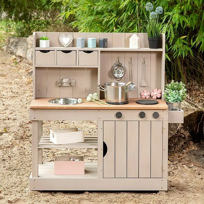 Muddy Buddy Matschküche Explorer - 102 x 40 x 105 cm, Holz, Warmgrau - Outdoor-Spielküche aus Holz mit Spüle, Herd und Zubehör für kreativen Spielspaß im Garten oder auf der Terrasse.