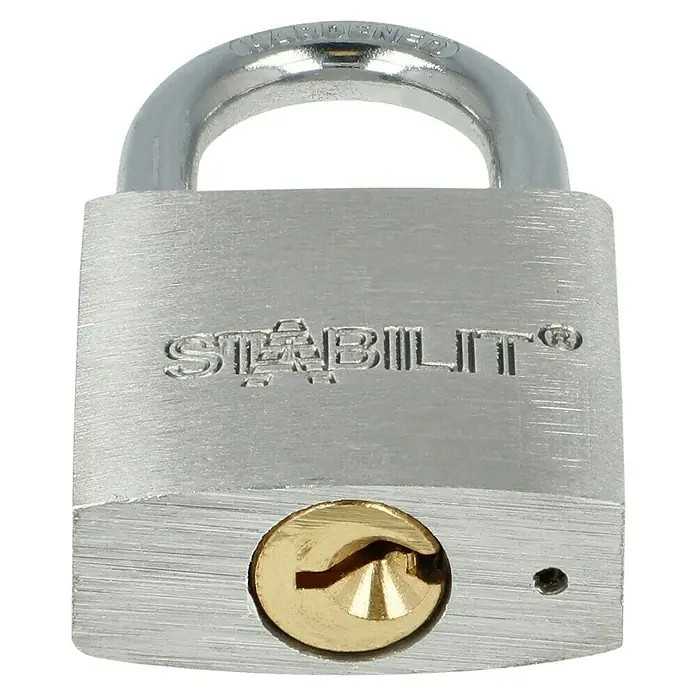 Stabilit Vorhängeschloss A30 - Breite: 30 mm, Bügelstärke: 4,8 mm - Nahaufnahme eines silbernen Stabilit-Vorhängeschlosses mit goldenem Schlüsselloch und der Aufschrift "Stabilit".