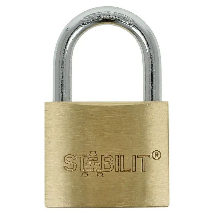 Stabilit Vorhängeschloss M40 - Breite: 40 mm, Bügelstärke: 6,3 mm - Ein robustes, goldenes Vorhängeschloss von Stabilit mit gehärtetem Bügel, das Sicherheit bietet.
