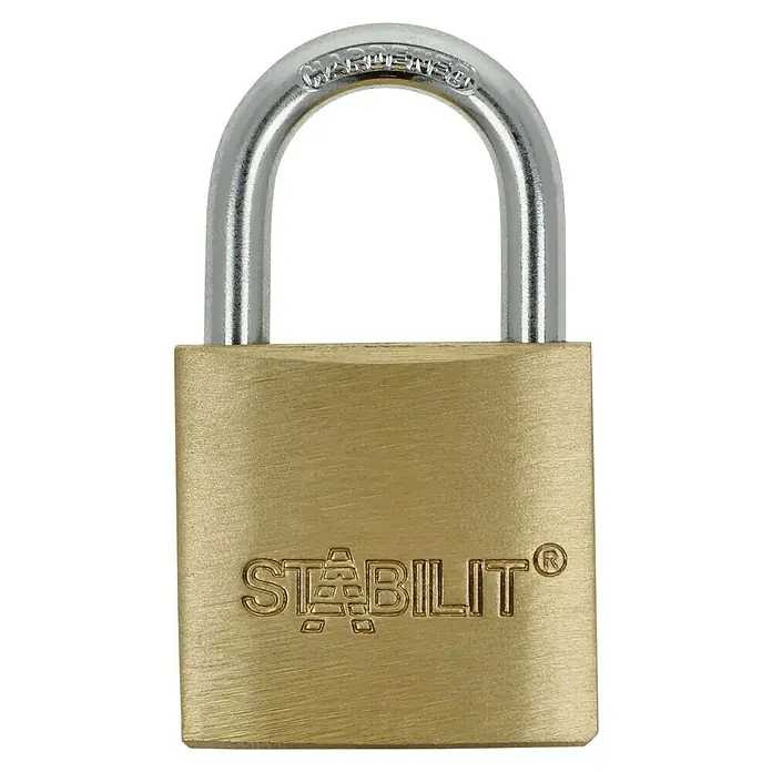 Stabilit Vorhängeschloss-Set M30-2 Gleichschließend - Breite: 30 mm, 2 Stk. - Nahaufnahme eines Messing-Vorhängeschlosses der Marke Stabilit mit gehärtetem Stahlbügel, das Sicherheit und Schutz bietet.