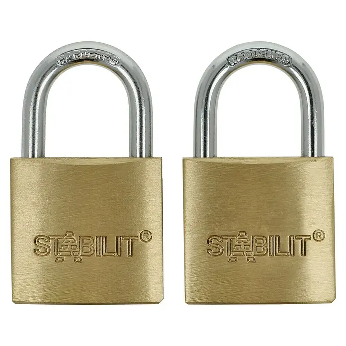 Stabilit Vorhängeschloss-Set M30-2 Gleichschließend - Breite: 30 mm, 2 Stk. - Zwei Messingfarbene Vorhängeschlösser der Marke Stabilit mit gehärtetem Stahlbügel für erhöhte Sicherheit.
