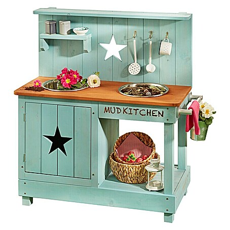 Muddy Buddy Matschküche Adventurer Star (80 x 40 x 90 cm, Holz, Petrolblau)