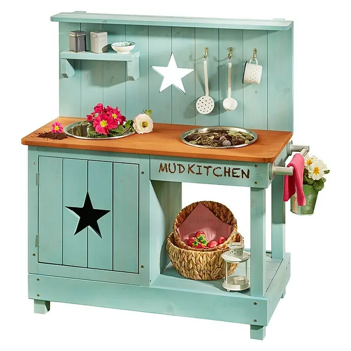 Muddy Buddy Matschküche Adventurer Star - 80 x 40 x 90 cm, Holz, Petrolblau - Hölzerne Matschküche für Kinder mit Spielbecken, Ablageflächen, Haken und einer Tür mit Sternmotiv für fantasievolles Spielen im Freien.