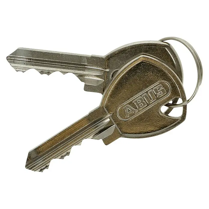 Abus Silver Rock Vorhängeschloss - Bügelstärke: 6,5 mm, Zink - Nahaufnahme von zwei ABUS-Schlüsseln an einem Schlüsselring, die Details und das Markenlogo hervorheben.