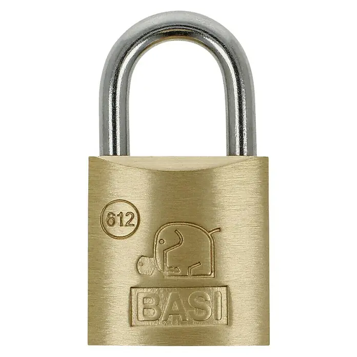 Basi Vorhängeschloss VHS 612Breite: 20 mm, Bügelstärke: 3,5 mm, Material Bügel: Stahl - Nahaufnahme eines BASI Vorhängeschlosses mit Elefantenlogo und silbernem Bügel.
