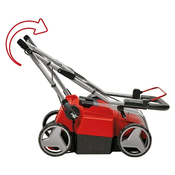 Einhell Power X-Change 18V Akku-Vertikutierer-Lüfter GE-SC 36/35 LI SOLO - Anzahl Akkus: Ohne Akku, 36 V - Ein roter Rasenlüfter mit Rädern, der zusammengeklappt und mit einem Pfeil versehen ist, der die Klappbewegung anzeigt.